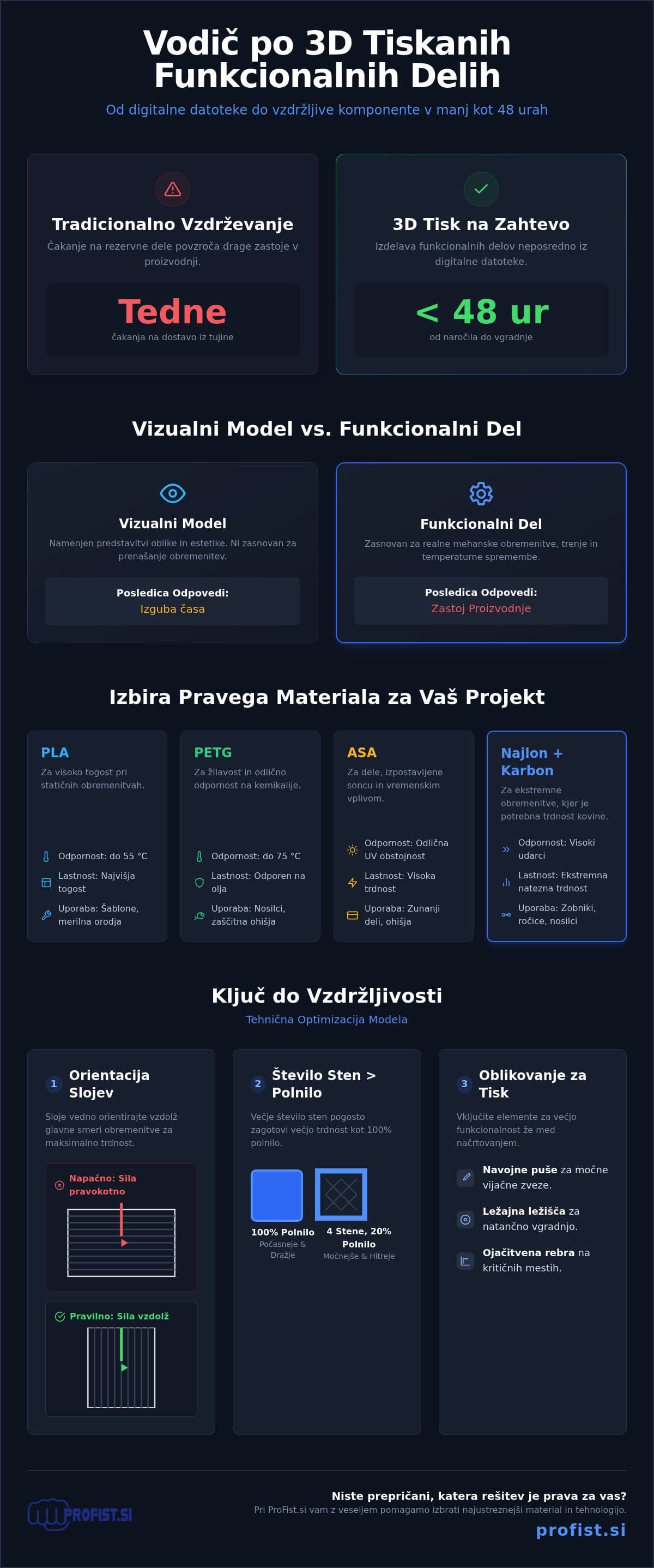 Infografika: 3D tisk funkcionalnih delov: Tehnični vodnik za vzdržljive komponente (2026)