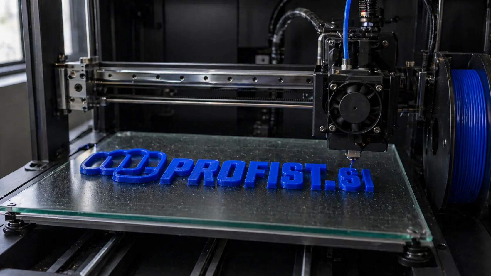 Moder 3D tiskan napis PROFIST.SI na tiskalni površini
